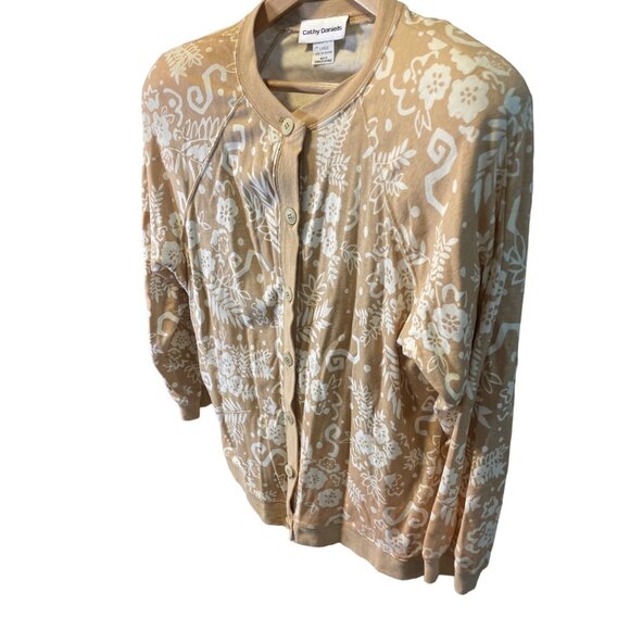 Cathy Daniels Tan White Patterned Buttoned Long Sleeve Cardigan Sweater Sz Large - Picture 4 of 7